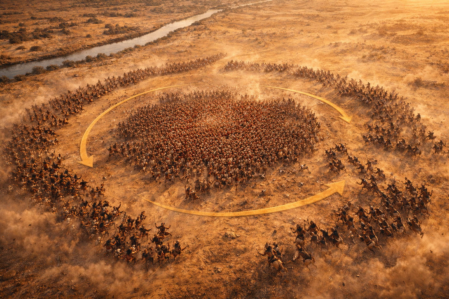Bird's-eye view of the Battle of Cannae — the Roman army compressed into a shrinking mass at center as Carthaginian forces close the ring from all sides, golden arrows showing the direction of envelopment