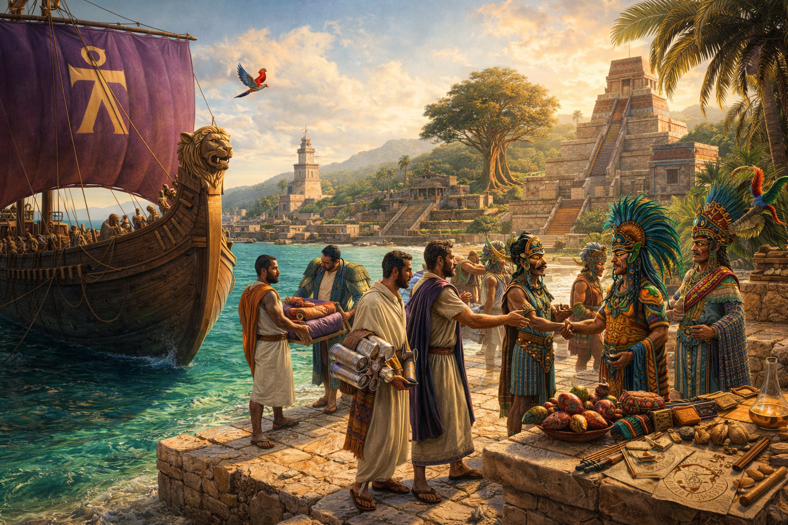 Carthaginian merchants with Tyrian purple sails and the Tanit symbol meet Maya traders in jade and feathered headdresses on a limestone dock, with stepped pyramids and tropical vegetation behind them — first contact between civilizations meeting as equals