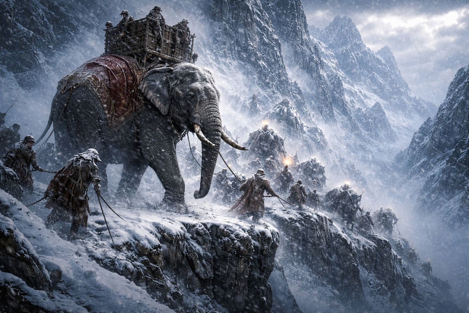 A war elephant being guided through a blinding alpine blizzard by soldiers pulling ropes, snow swirling around jagged mountain peaks