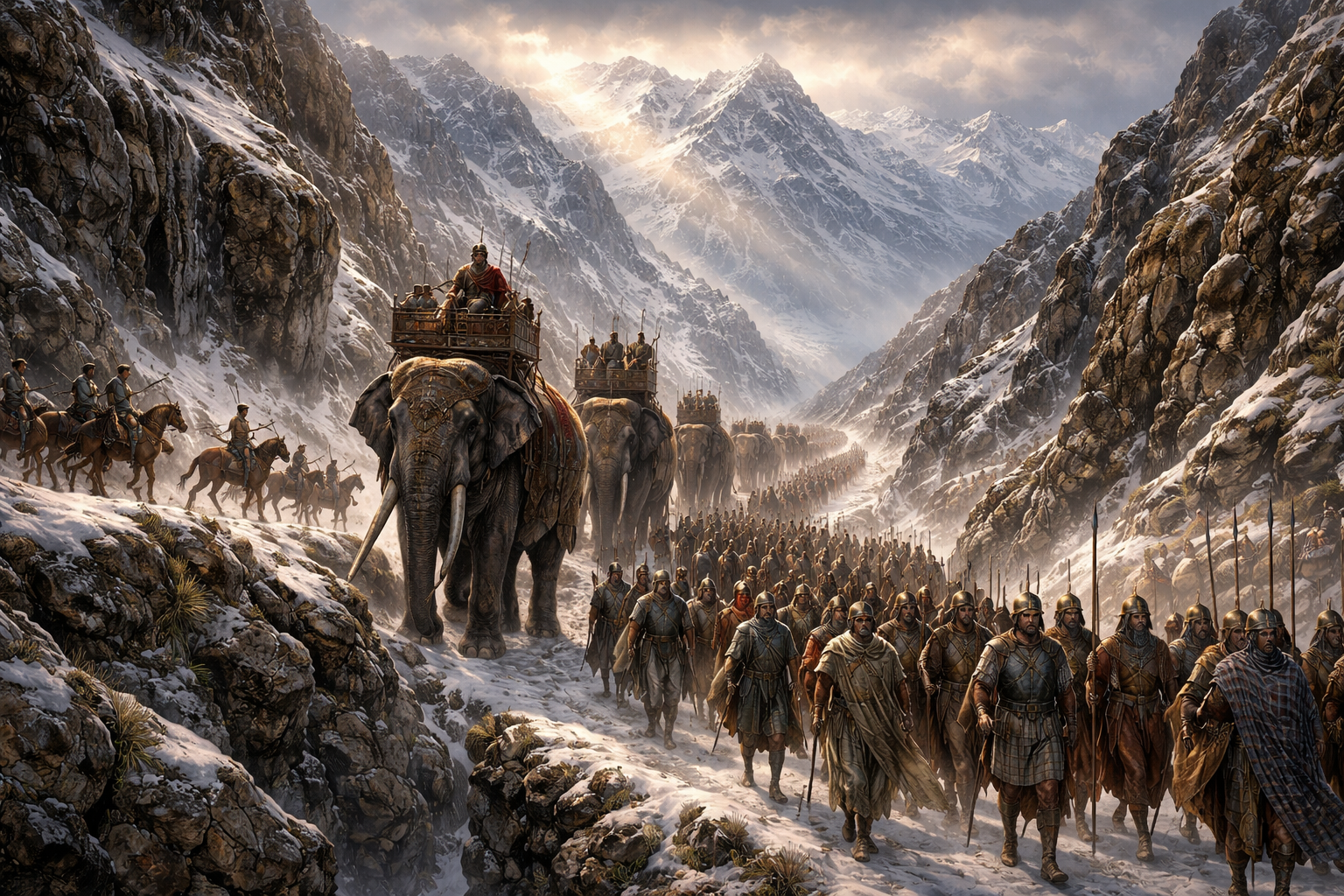 Hannibal's multinational army crossing the Alps — war elephants, cavalry, and infantry from many nations marching through snow-covered mountain passes