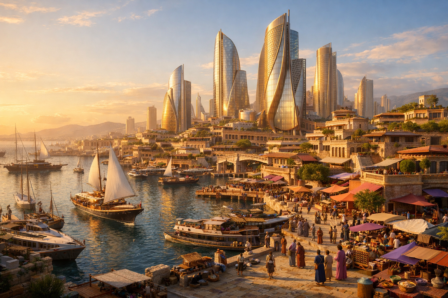 An imagined alternate Carthage in 2026 — golden towers rising from ancient harbor architecture, bustling markets, sailing vessels alongside modern boats