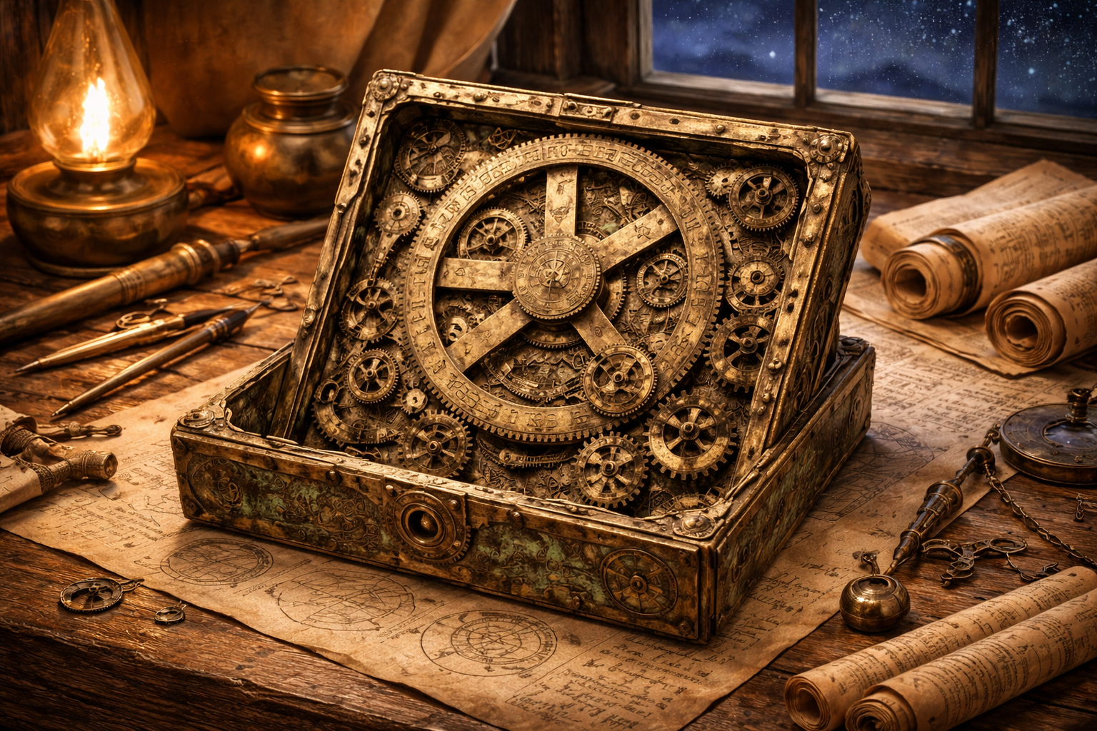 The Antikythera mechanism — an ancient bronze device with interlocking gears, open on a workbench with scrolls and tools, stars visible through the window