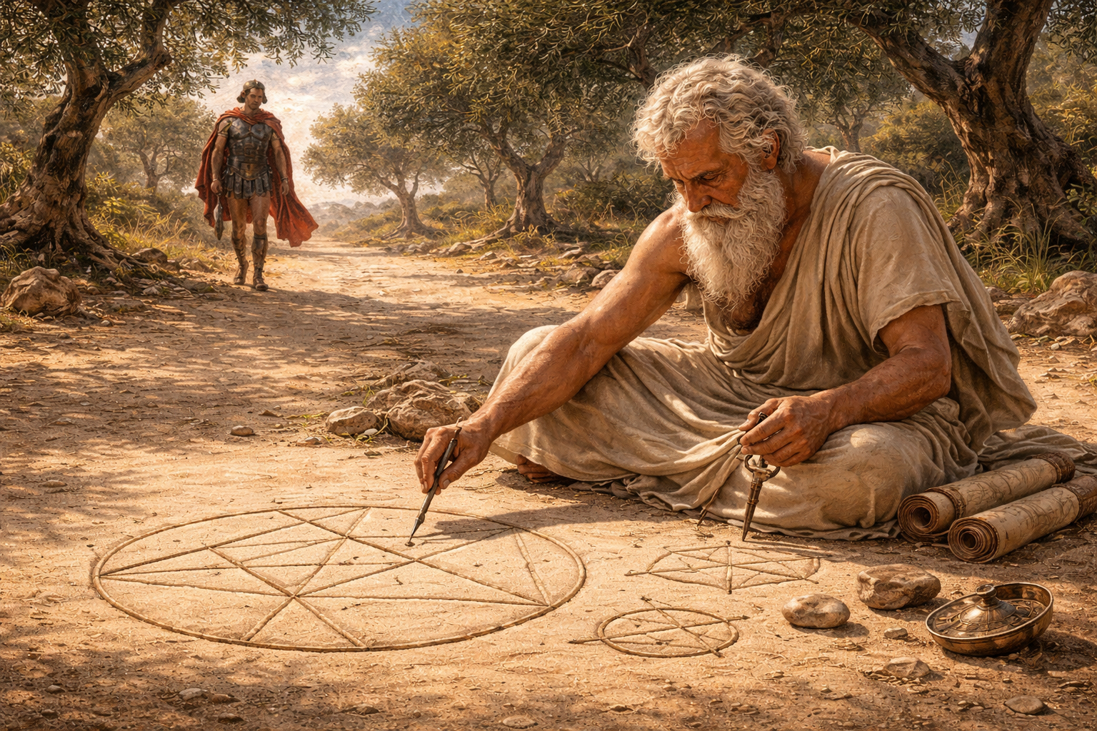 Archimedes drawing geometric circles in the sand under olive trees as a Roman soldier approaches