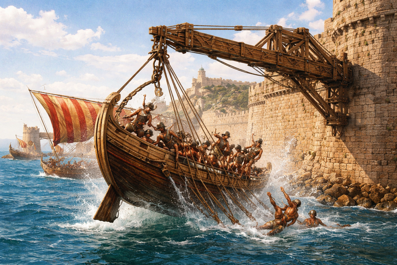 The Claw of Archimedes lifting a Roman warship out of the water at the siege of Syracuse