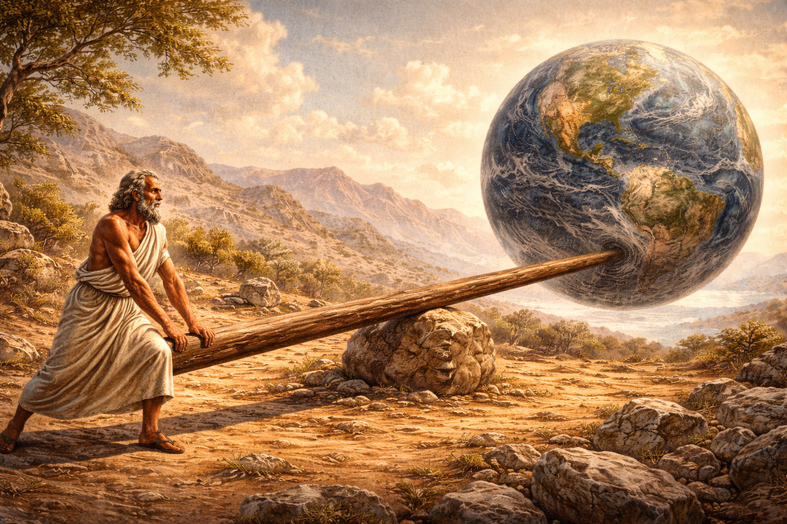 Archimedes using a giant lever to lift the entire Earth, with a boulder as the fulcrum — illustrating his famous quote about moving the world