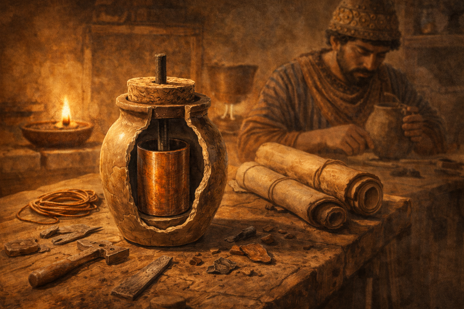 A Baghdad Battery — a clay jar cut away to reveal a copper cylinder and iron rod inside, on a craftsman's workbench with scrolls and tools
