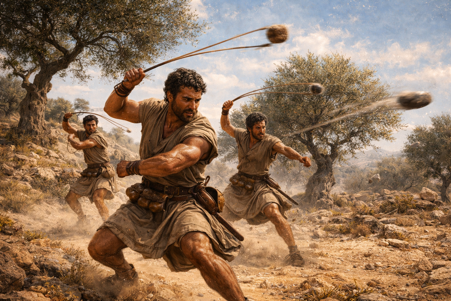 Balearic slingers in action — three men whirling leather slings on a dusty Mediterranean hillside