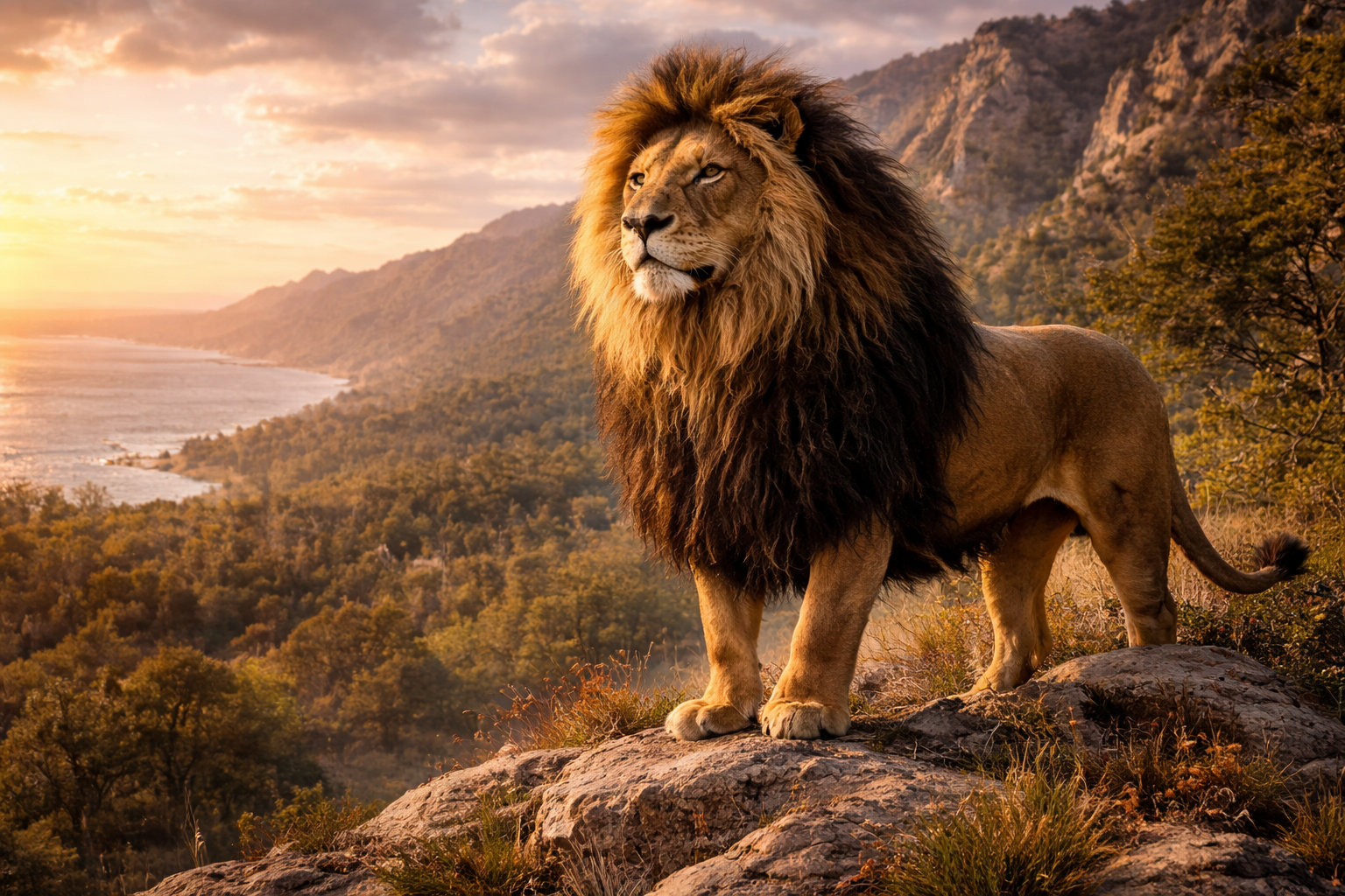 A majestic Barbary lion with an enormous dark mane standing on a rocky outcrop in the Atlas Mountains at sunset