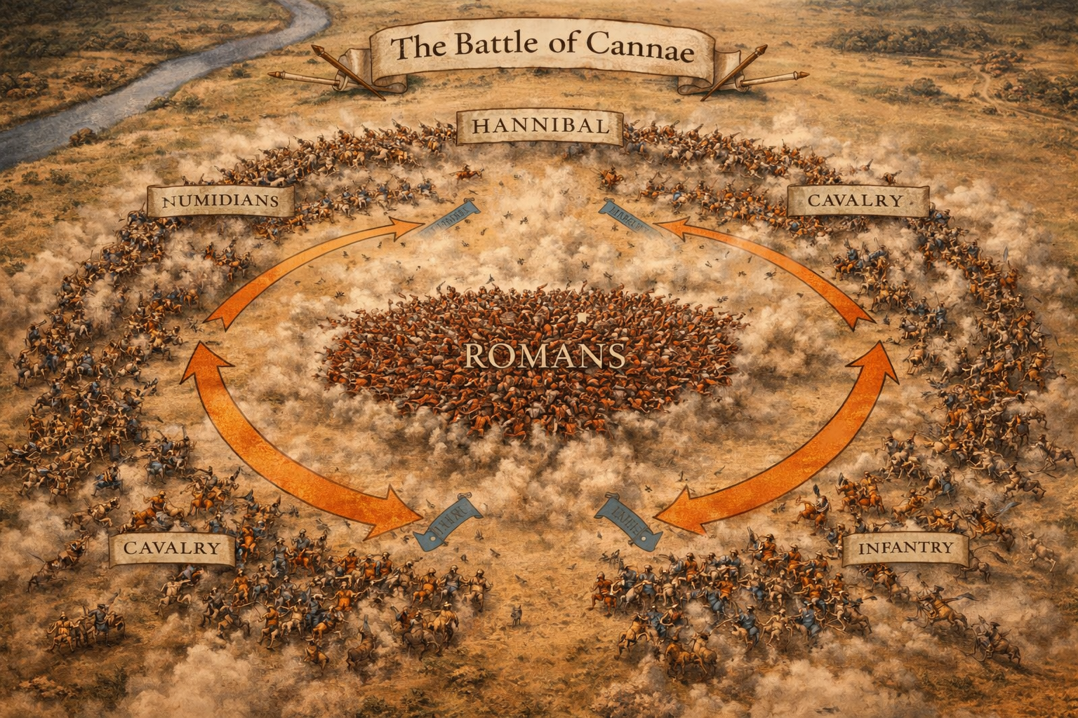 Aerial view of the Battle of Cannae showing the Roman army trapped inside Hannibal's double envelopment — cavalry and infantry closing in from all sides