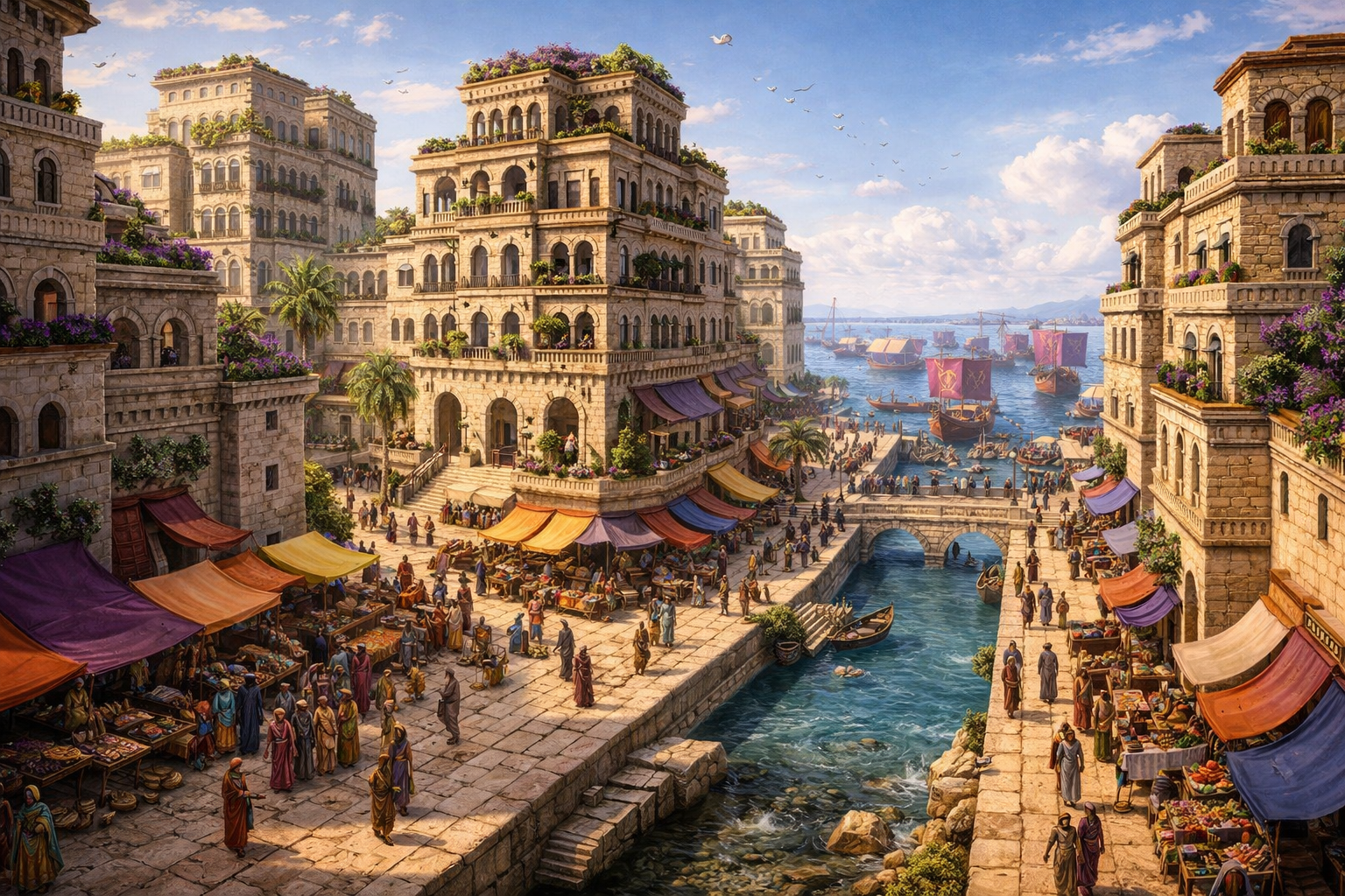 Ancient Carthage — six-story stone buildings with rooftop gardens, a bustling harbor with ships, colorful market stalls, and clean water channels