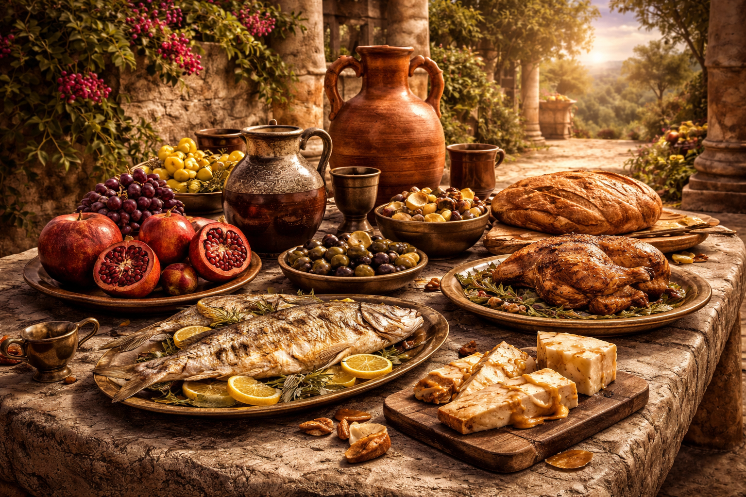 An ancient Carthaginian feast — grilled fish, pomegranates, olives, bread, cheese, and wine on a stone table in a Mediterranean courtyard