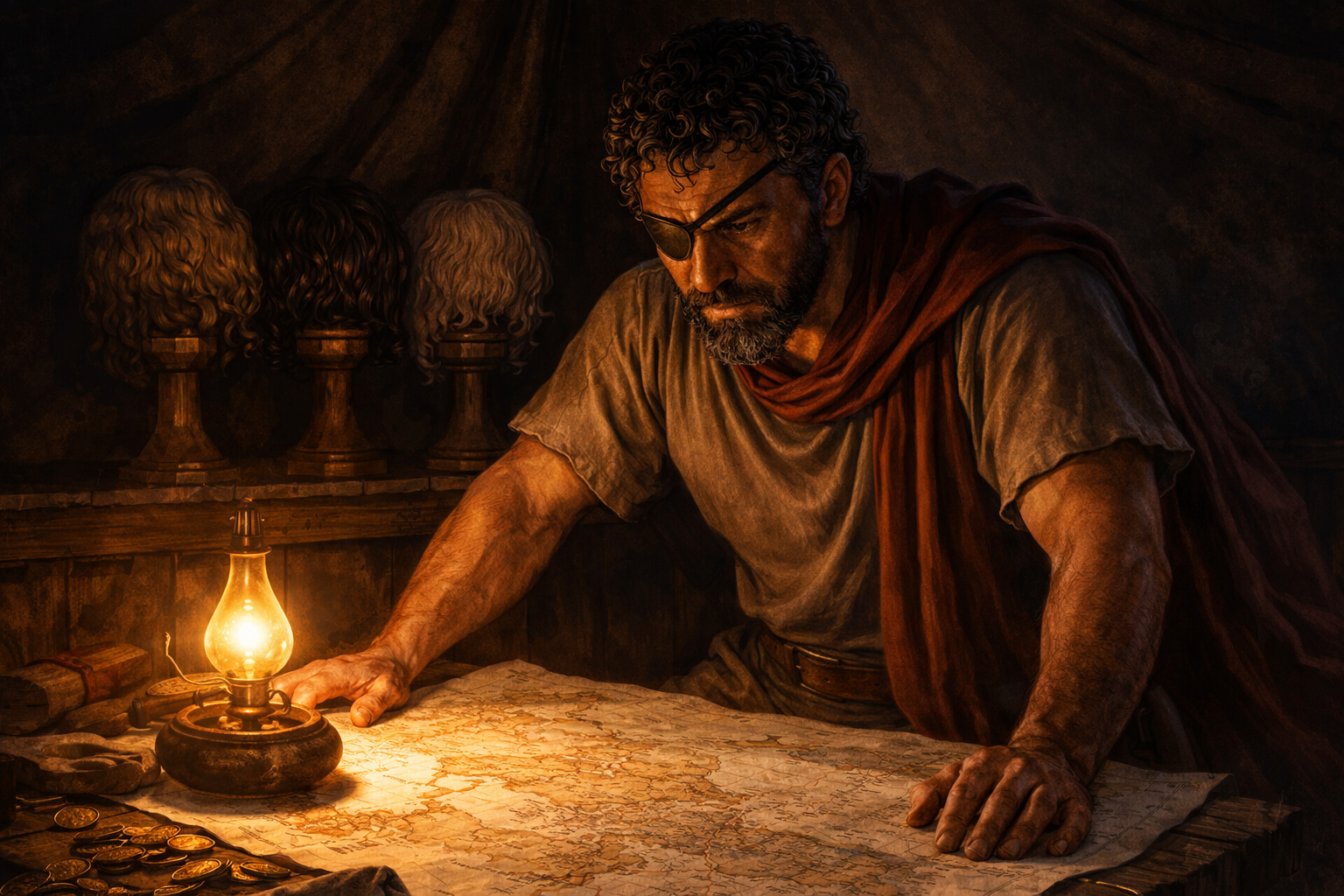 Hannibal studying a map by lamplight in his tent, with three different wigs on stands behind him — his disguises