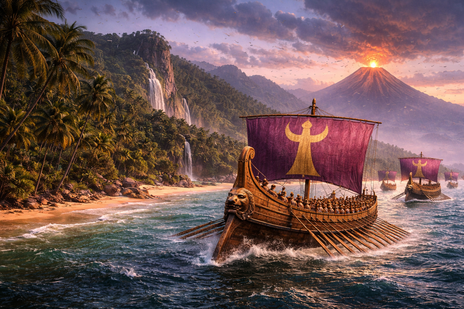 Hanno the Navigator's Carthaginian fleet sailing past a tropical African coast with an erupting volcano, under Tyrian purple sails with the symbol of Tanit