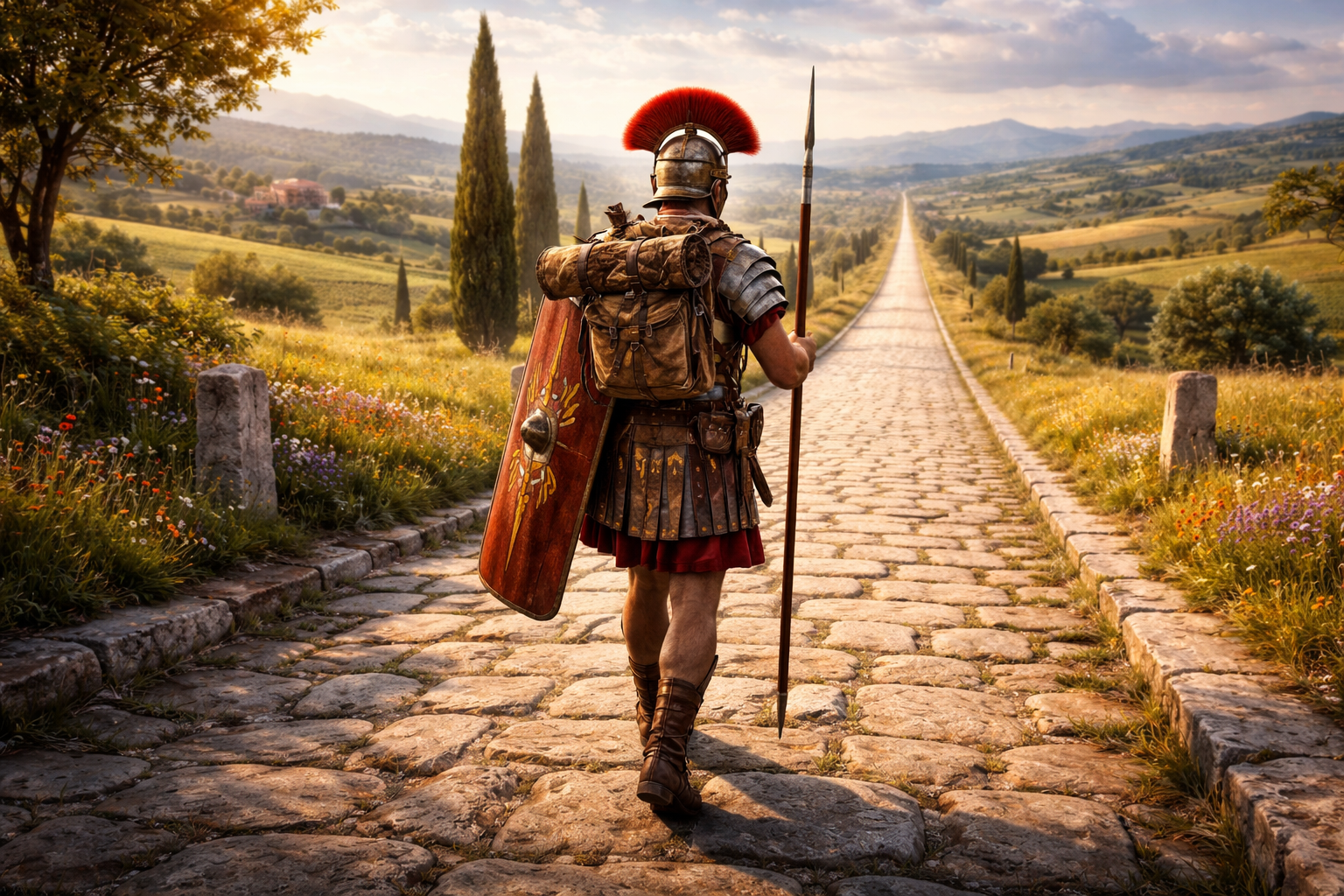 A Roman legionnaire in full armor marching along a straight Roman road stretching to the horizon