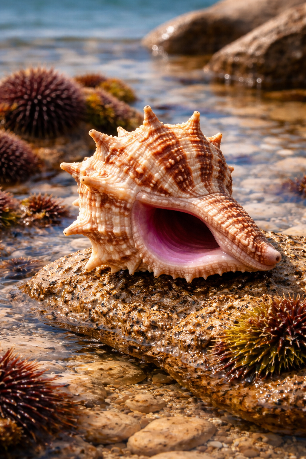 A murex sea snail shell on a Mediterranean rocky shore — spiny, spiraled, with a purple-tinged interior