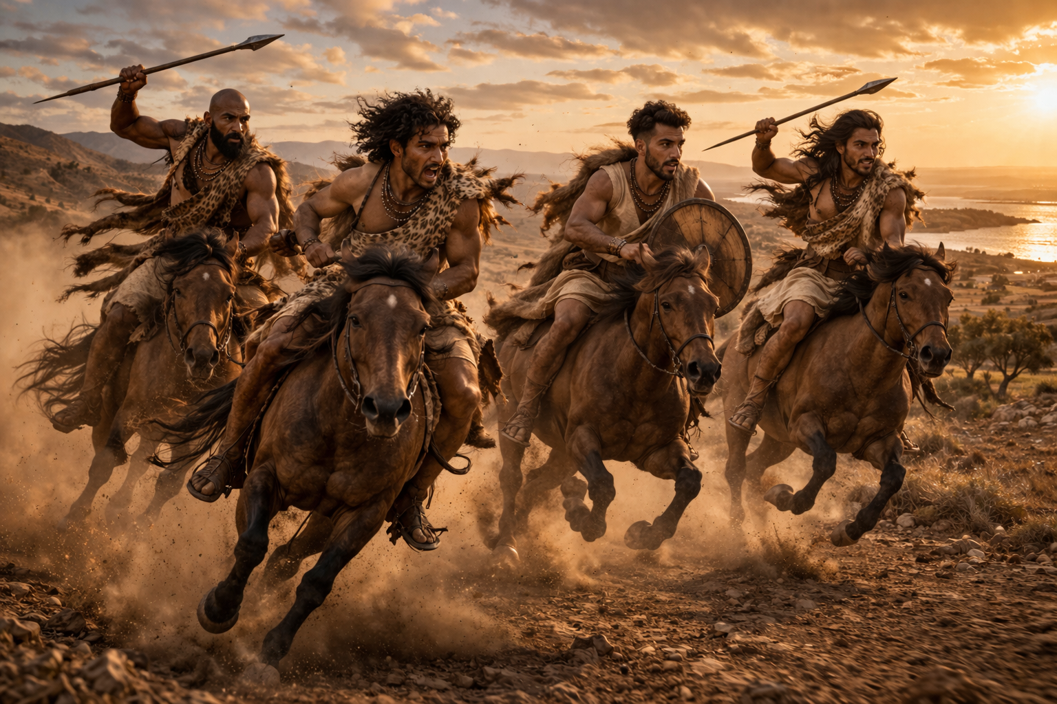 Numidian cavalry at full gallop — riders on small horses without saddles, throwing javelins
