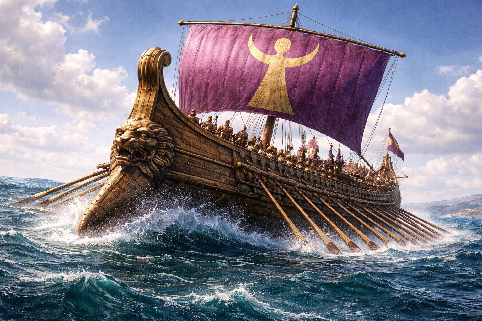 A Carthaginian quinquireme warship at full speed with Tyrian purple sails bearing the symbol of Tanit