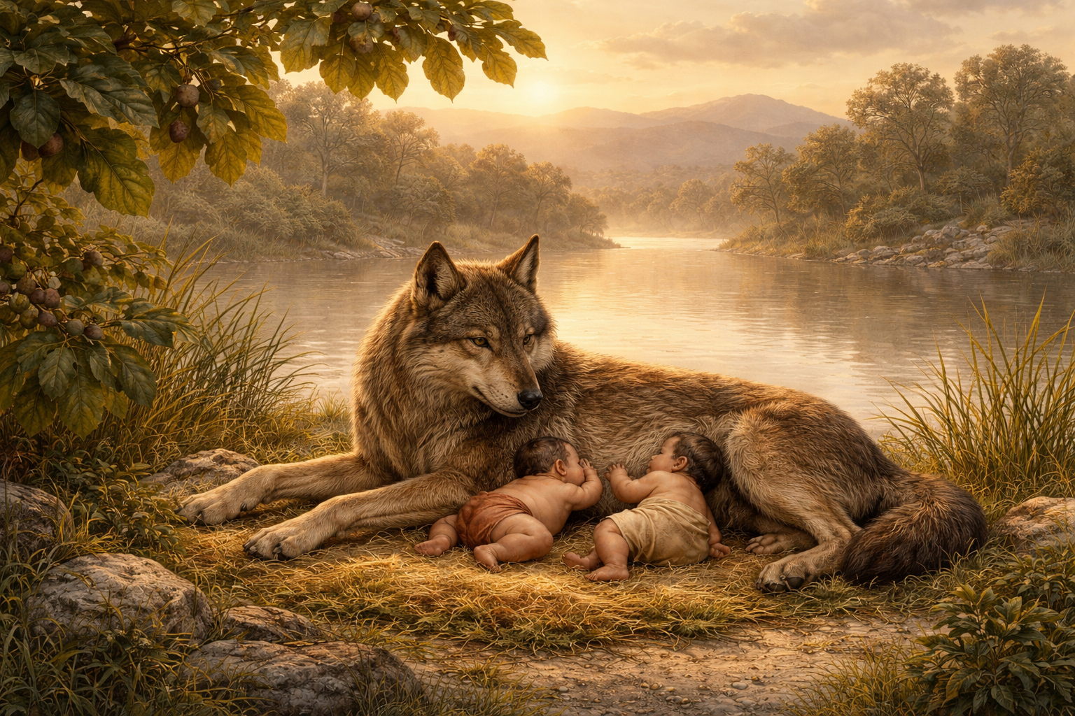 The she-wolf nursing the infant twins Romulus and Remus by the River Tiber at dawn