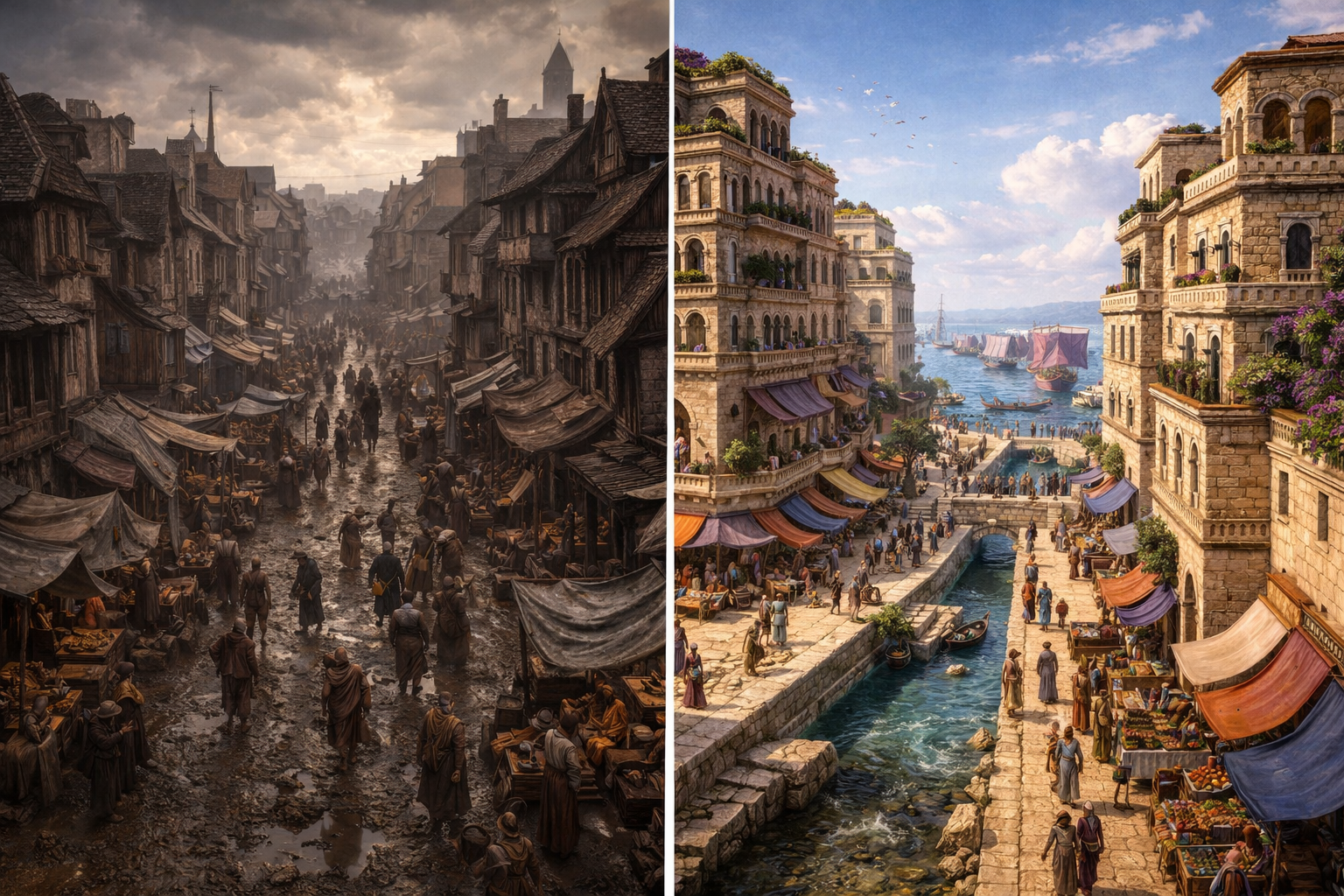 Split comparison: left side shows a dark, muddy medieval European city; right side shows a bright, clean alternate Carthaginian city with stone buildings, water channels, and colorful markets