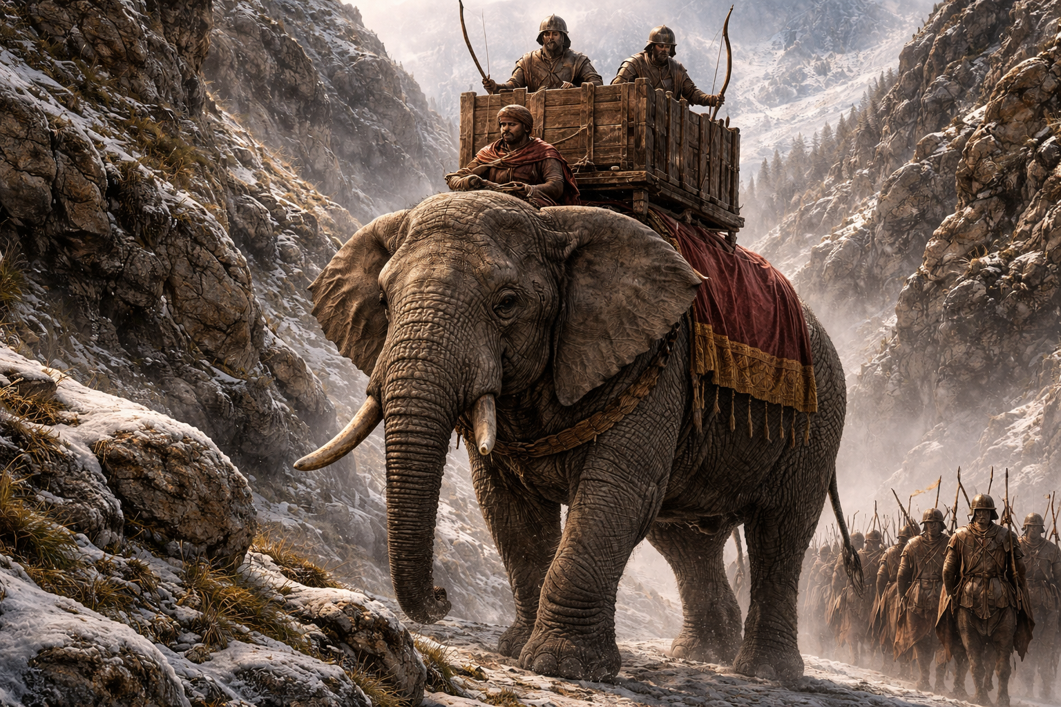 Surus, Hannibal's personal war elephant, with a howdah tower and red cloth, crossing an alpine mountain pass