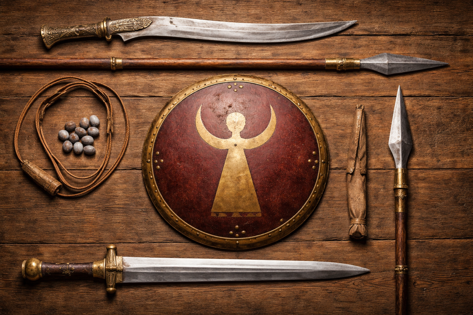 Carthaginian weapons laid out on a wooden table: curved falcata sword, sling with lead bullets, shield with Tanit symbol, spears, and a Gallic longsword