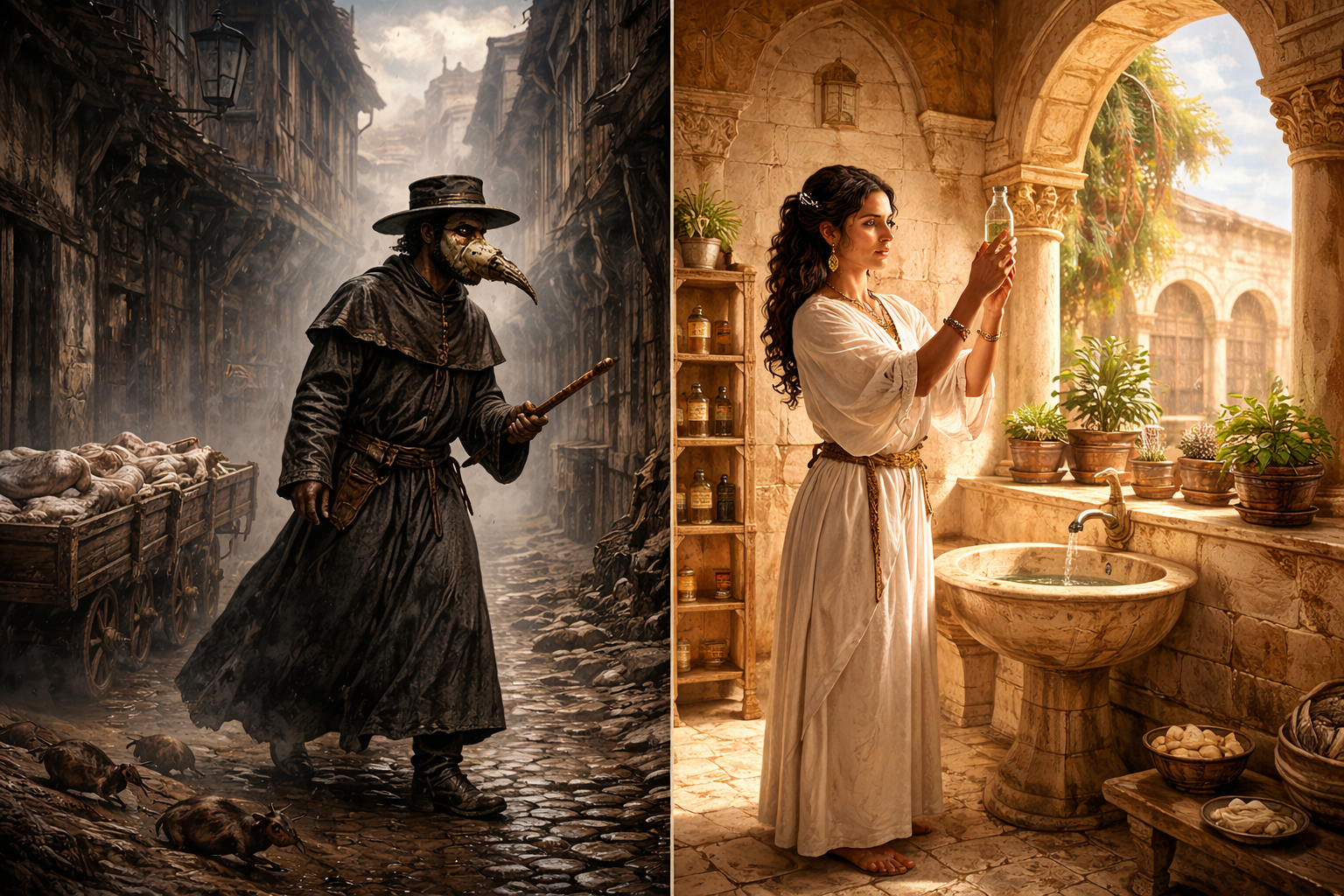 Split image: left half shows a plague doctor in bird mask walking through a dark, rat-infested medieval street with a body cart; right half shows a Carthaginian physician in white robes examining a glass vial in a sunlit hospital with running water and medicinal herbs