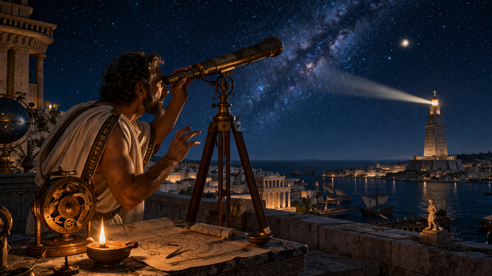 An ancient astronomer on a rooftop in Alexandria peers through a brass telescope at the Milky Way, with the Pharos Lighthouse beam cutting across the harbor behind him, an Antikythera-style device and star charts on the table beside him